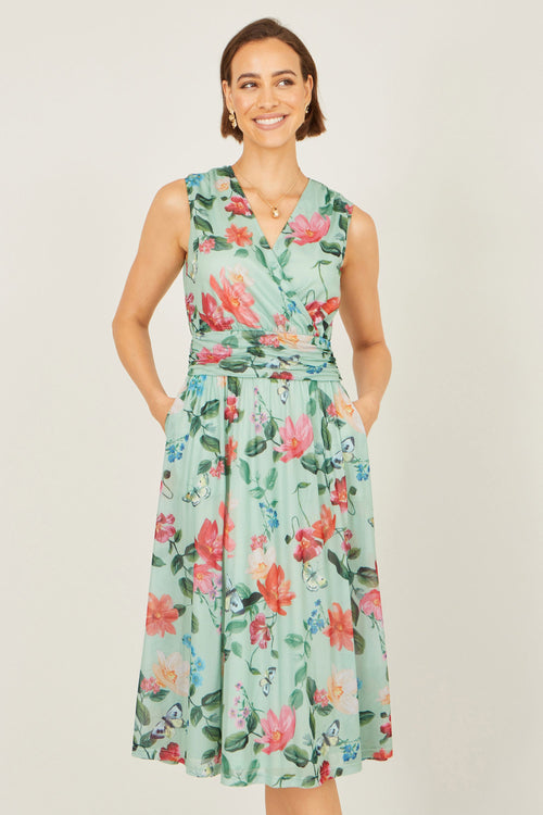 Yumi Mint Blurred Floral Mesh Wrap Midi Dress
