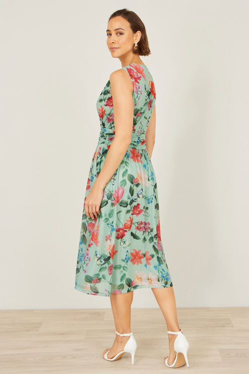 Yumi Mint Blurred Floral Mesh Wrap Midi Dress