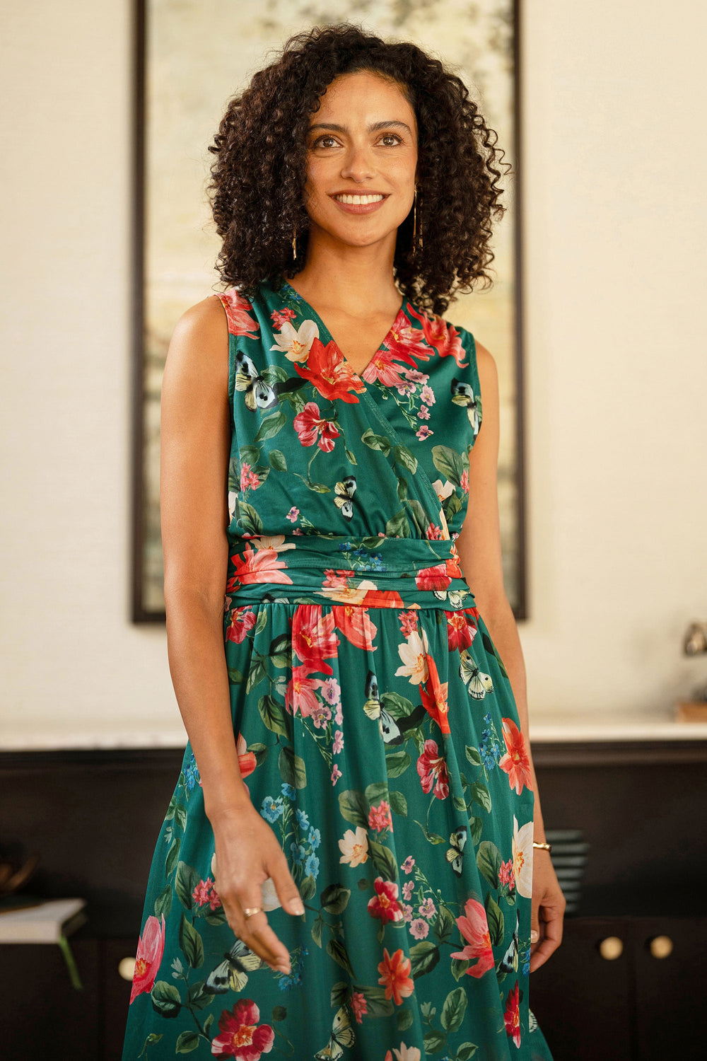 Yumi Green Blurred Floral Print Mesh Stretch Midi Dress With Pockets