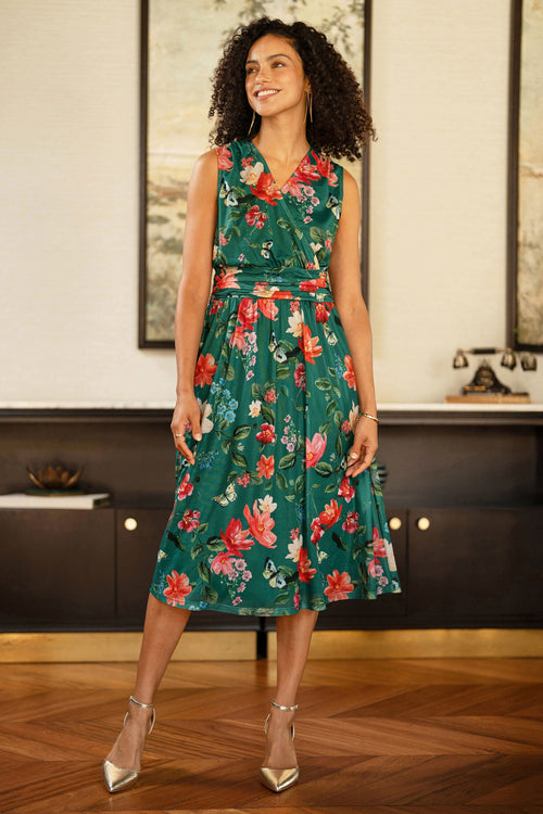 Yumi Green Blurred Floral Print Mesh Stretch Midi Dress With Pockets