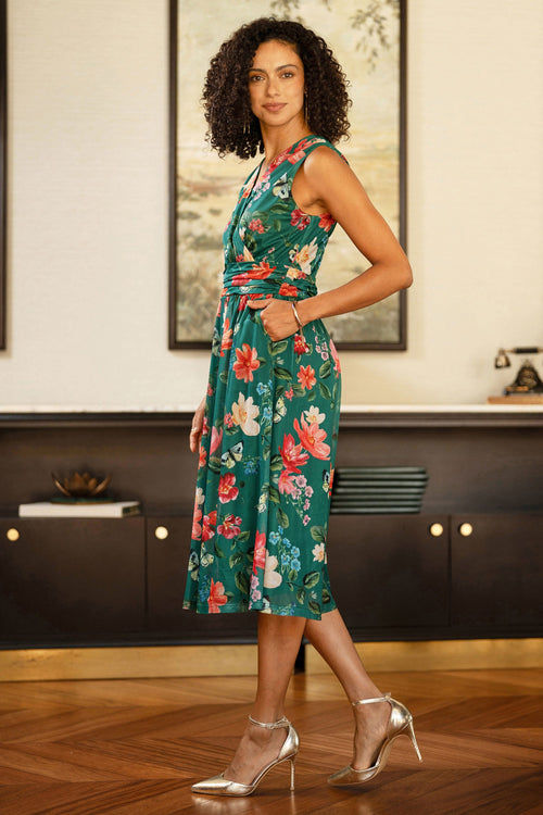 Yumi Green Blurred Floral Print Mesh Stretch Midi Dress With Pockets