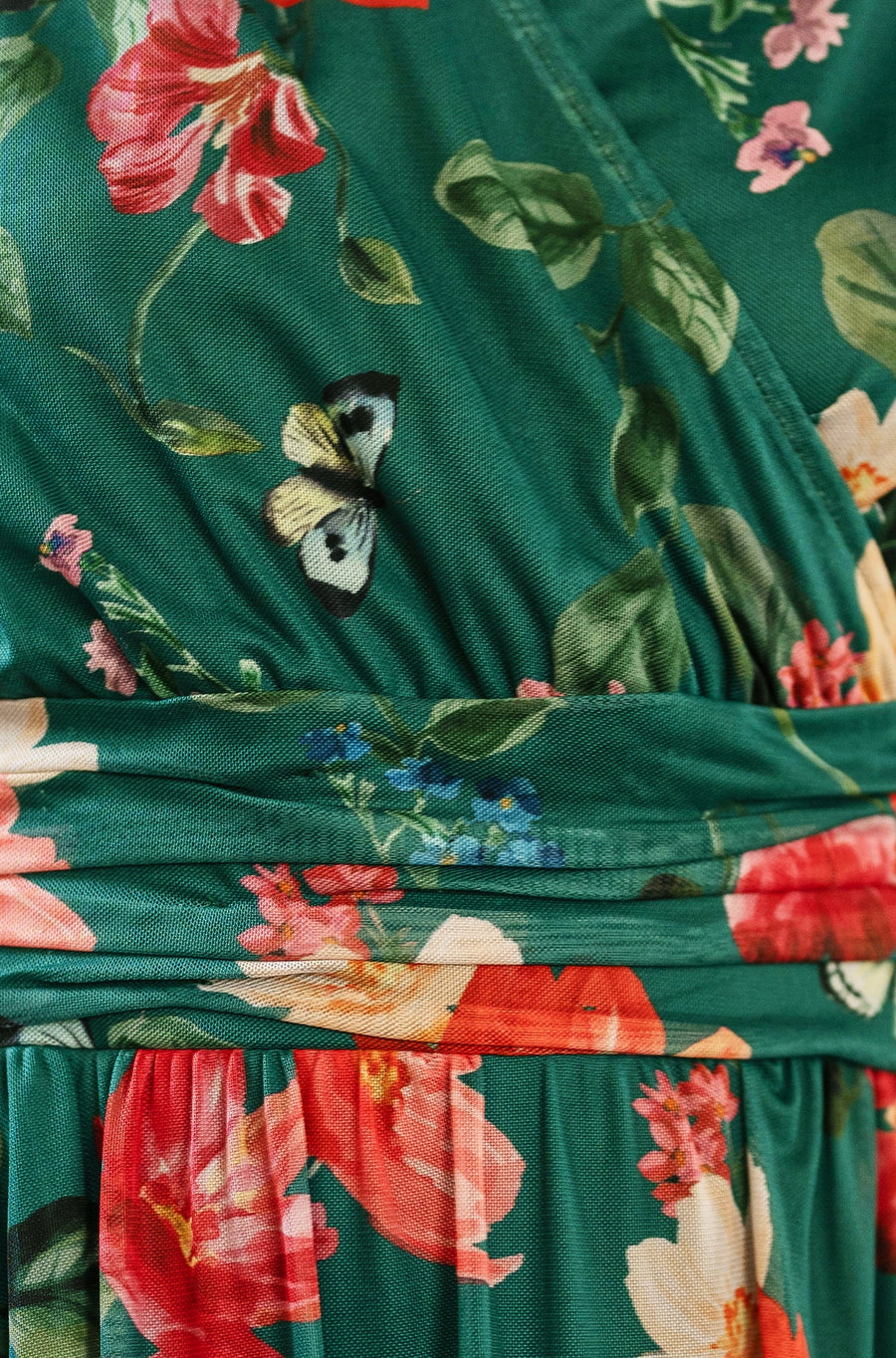 Yumi Green Blurred Floral Print Mesh Stretch Midi Dress With Pockets