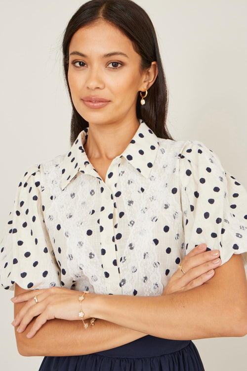 Yumi White Polka Dot Lace Boxy Shirt