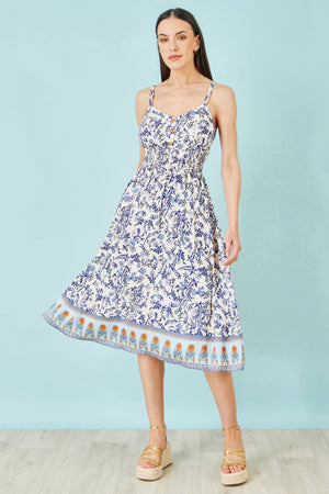 Yumi White Floral Border Print Viscose Midi Sun Dress