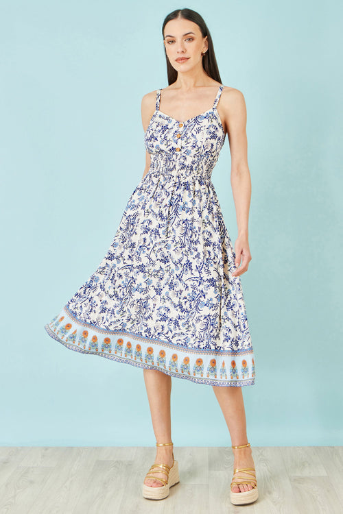 Yumi White Floral Border Print Viscose Midi Sun Dress