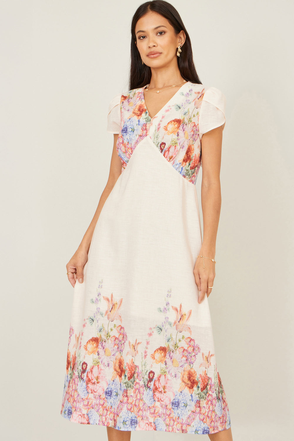 Yumi Pink Border Floral Midi Dress