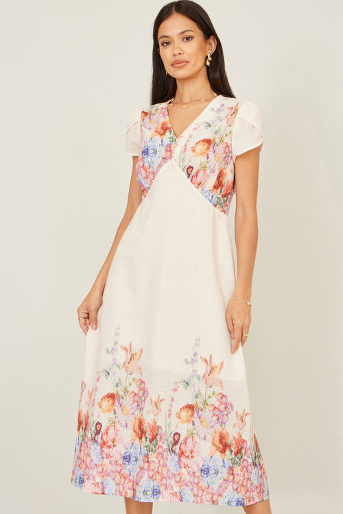Yumi Pink Border Floral Midi Dress