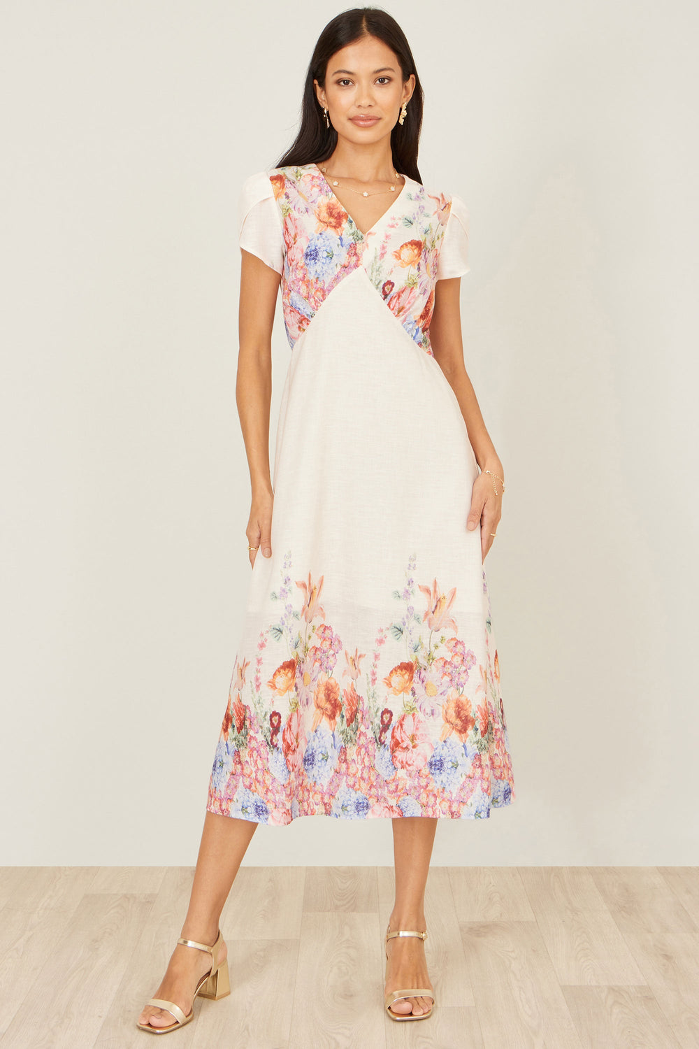 Yumi Pink Border Floral Midi Dress