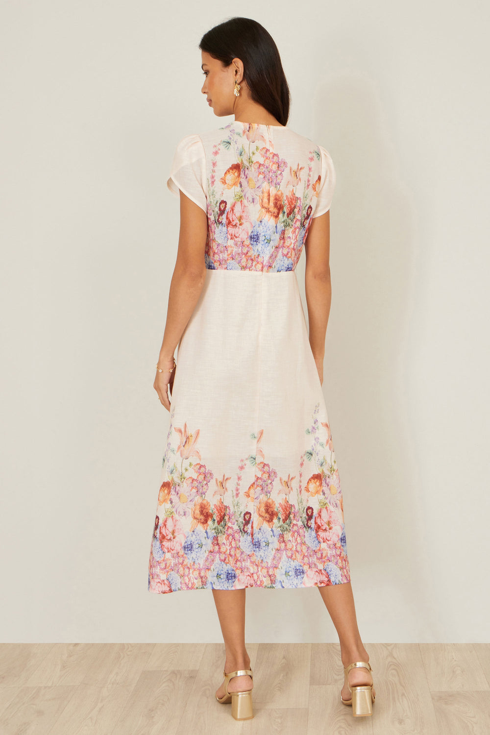 Yumi Pink Border Floral Midi Dress