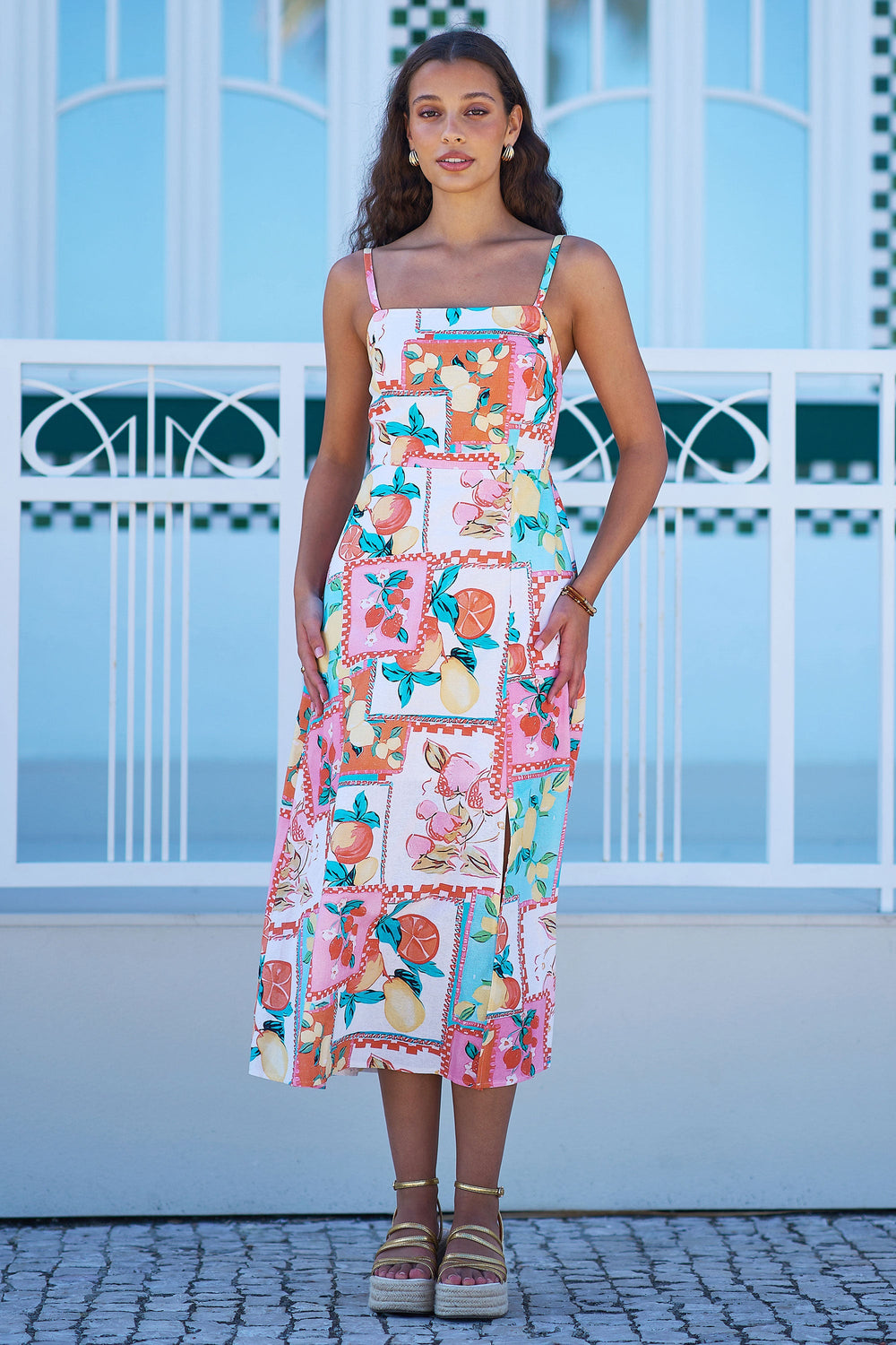 Yumi Multicolour Fruit Print Midi Sun Dress Ruched Back