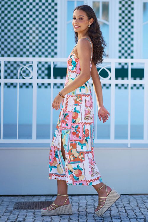 Yumi Multicolour Fruit Print Midi Sun Dress Ruched Back