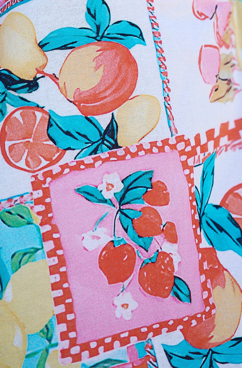 Yumi Multicolour Fruit Print Midi Sun Dress Ruched Back
