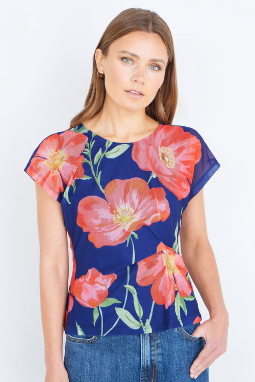 Yumi Navy Poppy Mesh Top