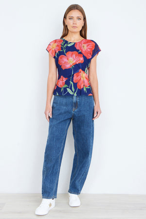 Yumi Navy Poppy Mesh Top