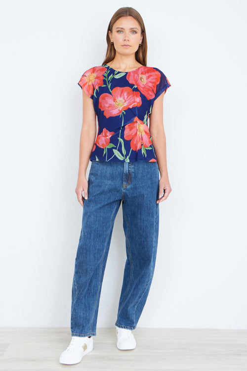 Yumi Navy Poppy Mesh Top