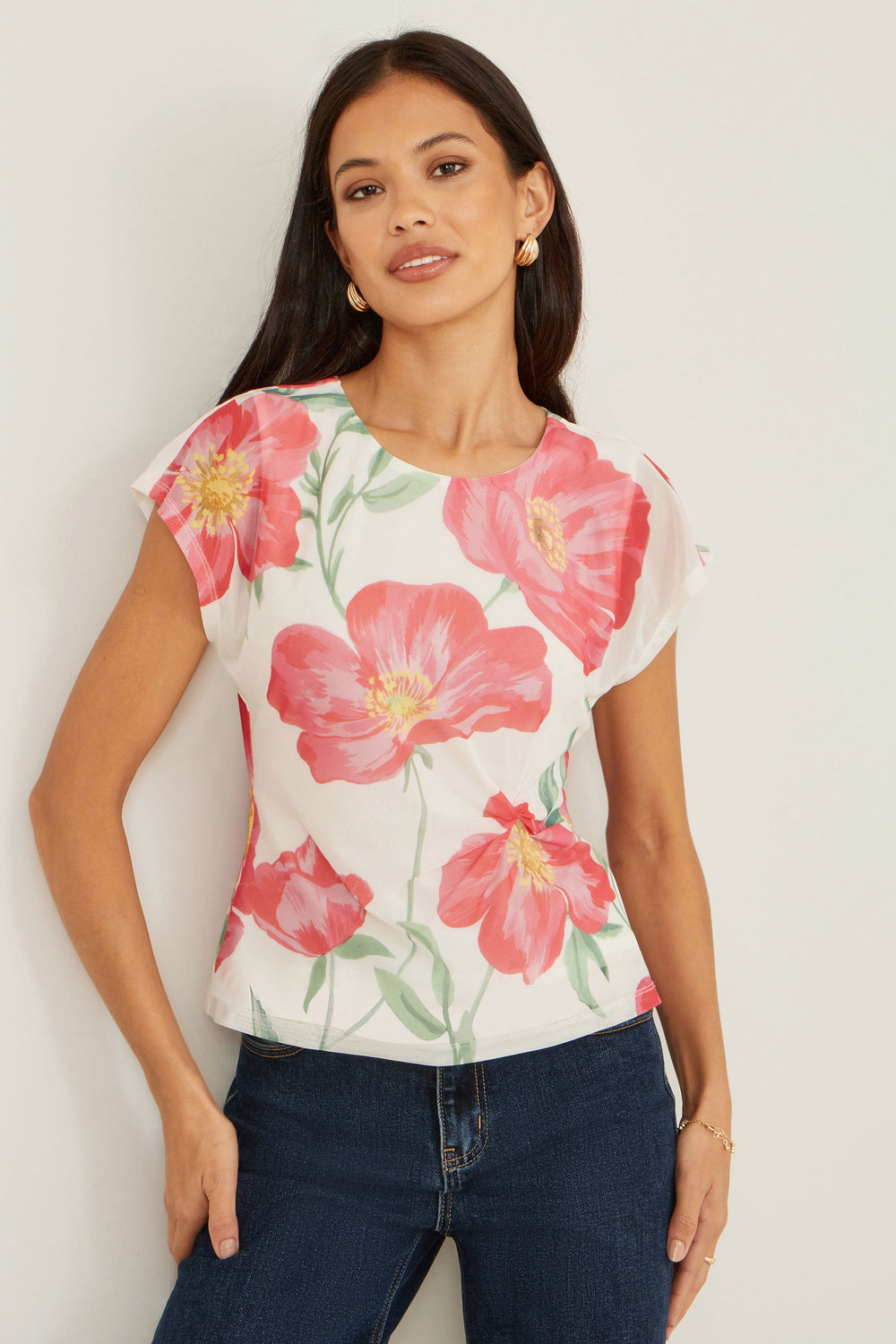 Yumi Ivory Poppy Print Mesh Top