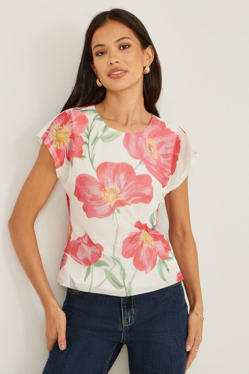 Yumi Ivory Poppy Print Mesh Top