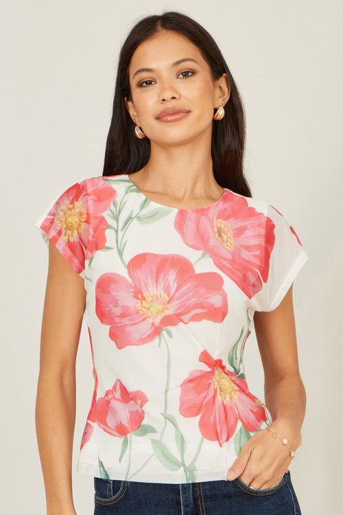 Yumi Ivory Poppy Print Mesh Top