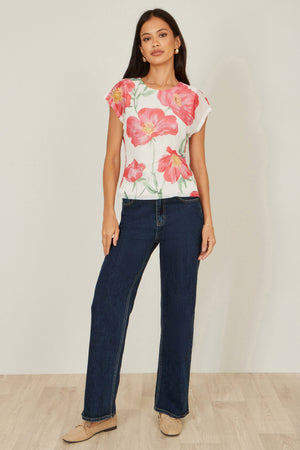 Yumi Ivory Poppy Print Mesh Top