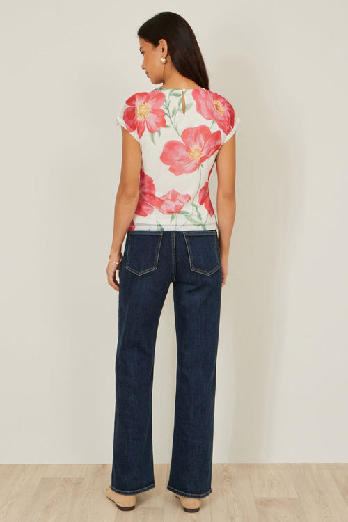 Yumi Ivory Poppy Print Mesh Top