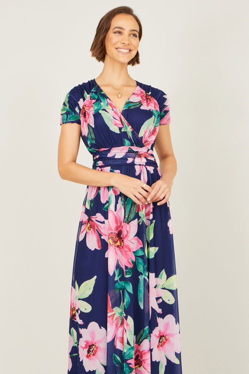 Yumi Navy Mesh Floral Maxi Dress