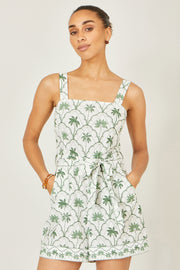 Yumi White Palm Print Cotton Playsuit