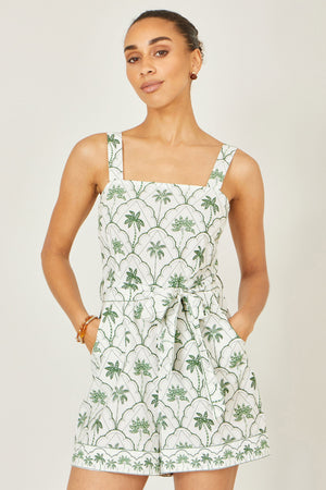 Yumi White Palm Print Cotton Playsuit