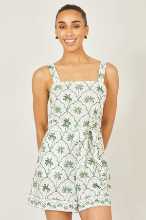 Yumi White Palm Print Cotton Playsuit