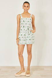 Yumi White Palm Print Cotton Playsuit