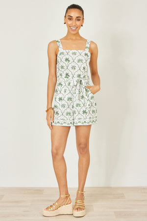Yumi White Palm Print Cotton Playsuit