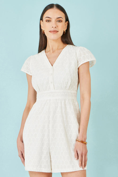 Yumi White Cotton Broderie Anglaise Playsuit