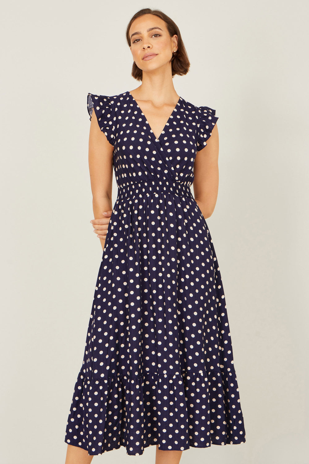 Yumi Navy Spot Ruched Waist Midi Dress