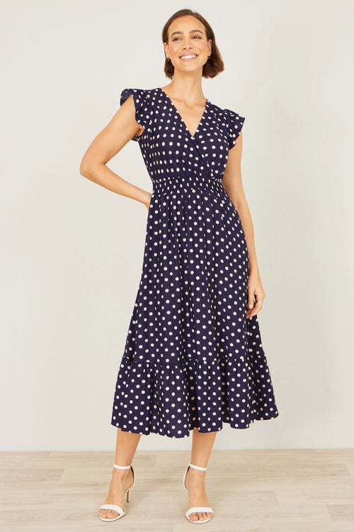 Yumi Navy Spot Ruched Waist Midi Dress