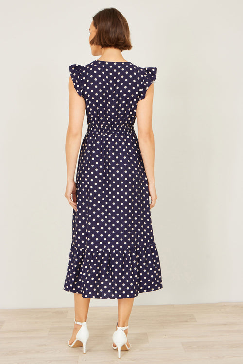 Yumi Navy Spot Ruched Waist Midi Dress