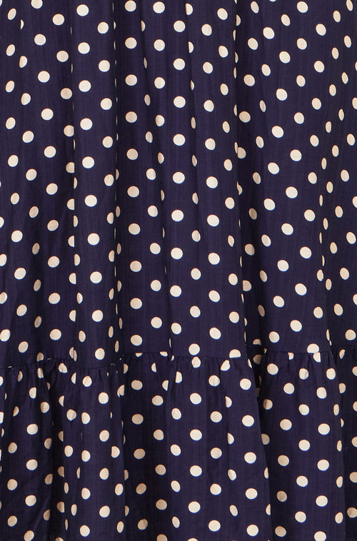 Yumi Navy Spot Ruched Waist Midi Dress