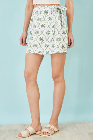 Yumi White Palm Print Cotton Wrap Skirt