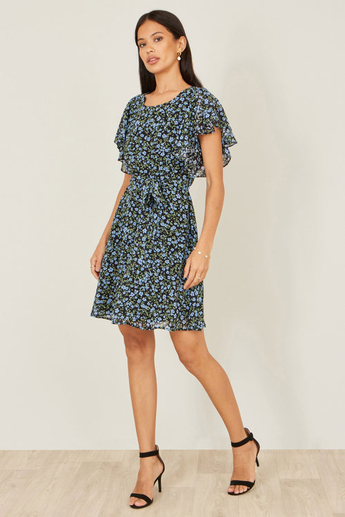 Yumi Blue Ditsy Print Floral Skater Dress