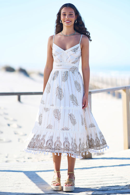 Yumi Ivory Foil Print Midi Sun Dress With Lace Trims