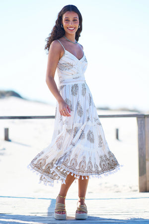Yumi Ivory Foil Print Midi Sun Dress With Lace Trims