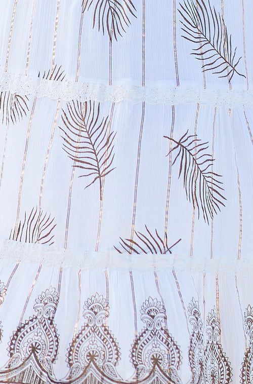 Yumi Ivory Foil Print Midi Sun Dress With Lace Trims