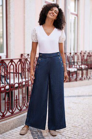 Yumi Blue Chambray Wide Leg Trousers With Button Details