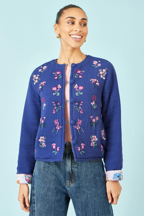 Yumi Blue Floral Embroidery Cotton Jacket