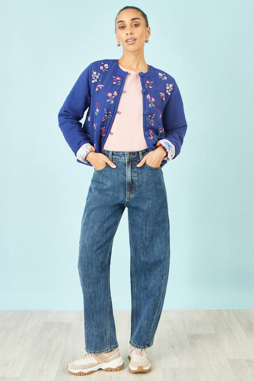Yumi Blue Floral Embroidery Cotton Jacket
