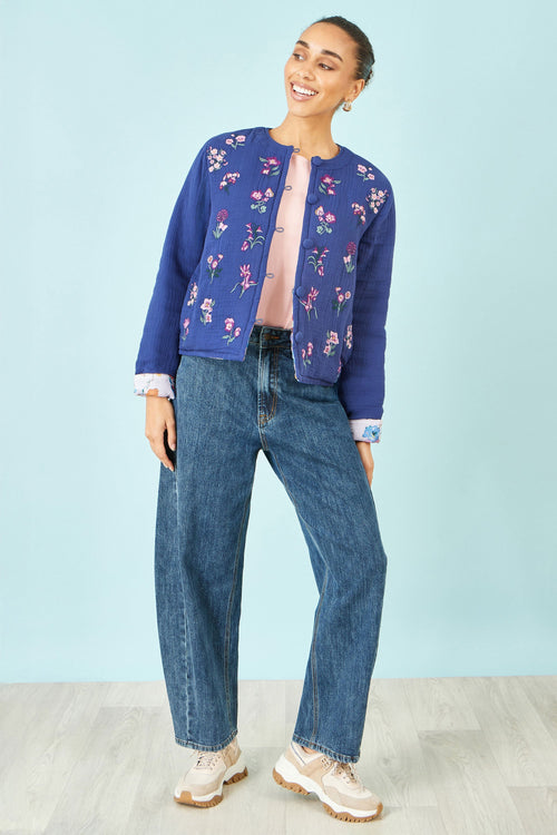 Yumi Blue Floral Embroidery Cotton Jacket