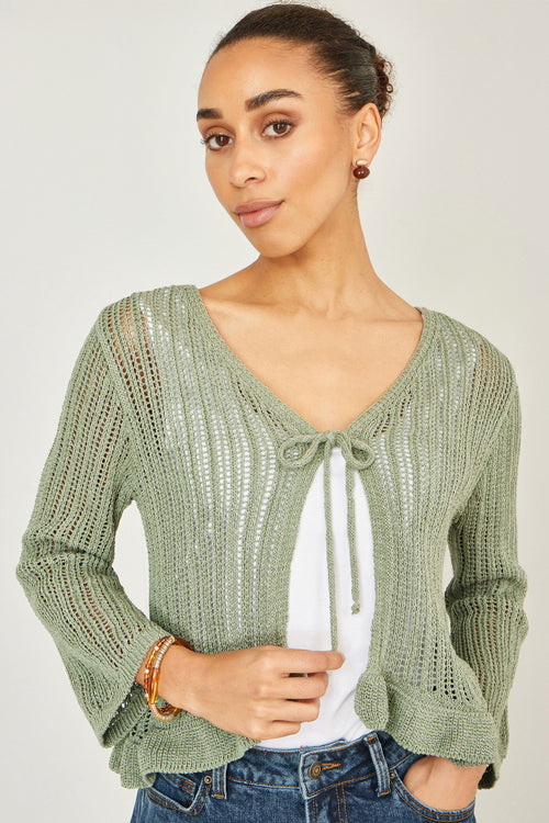 Yumi Green Tie Front Pointelle Cardigan