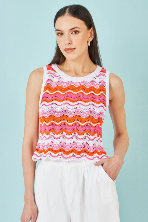 Yumi Orange Stripe Crochet Stripe Vest Top
