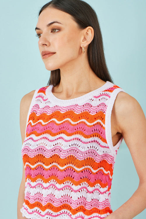 Yumi Orange Stripe Crochet Stripe Vest Top