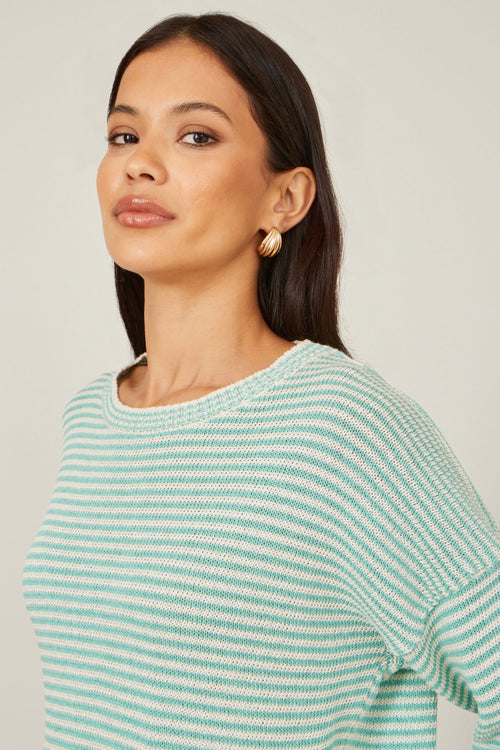 Yumi Sea Green Knitted Stripe Relaxed Jumper