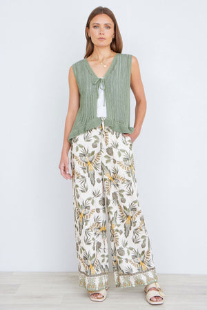 Yumi Green Knitted Cotton Tie Waistcoat Top