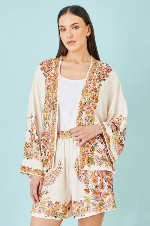 Yumi Ivory Viscose Floral Border Kimono With Tie Belt